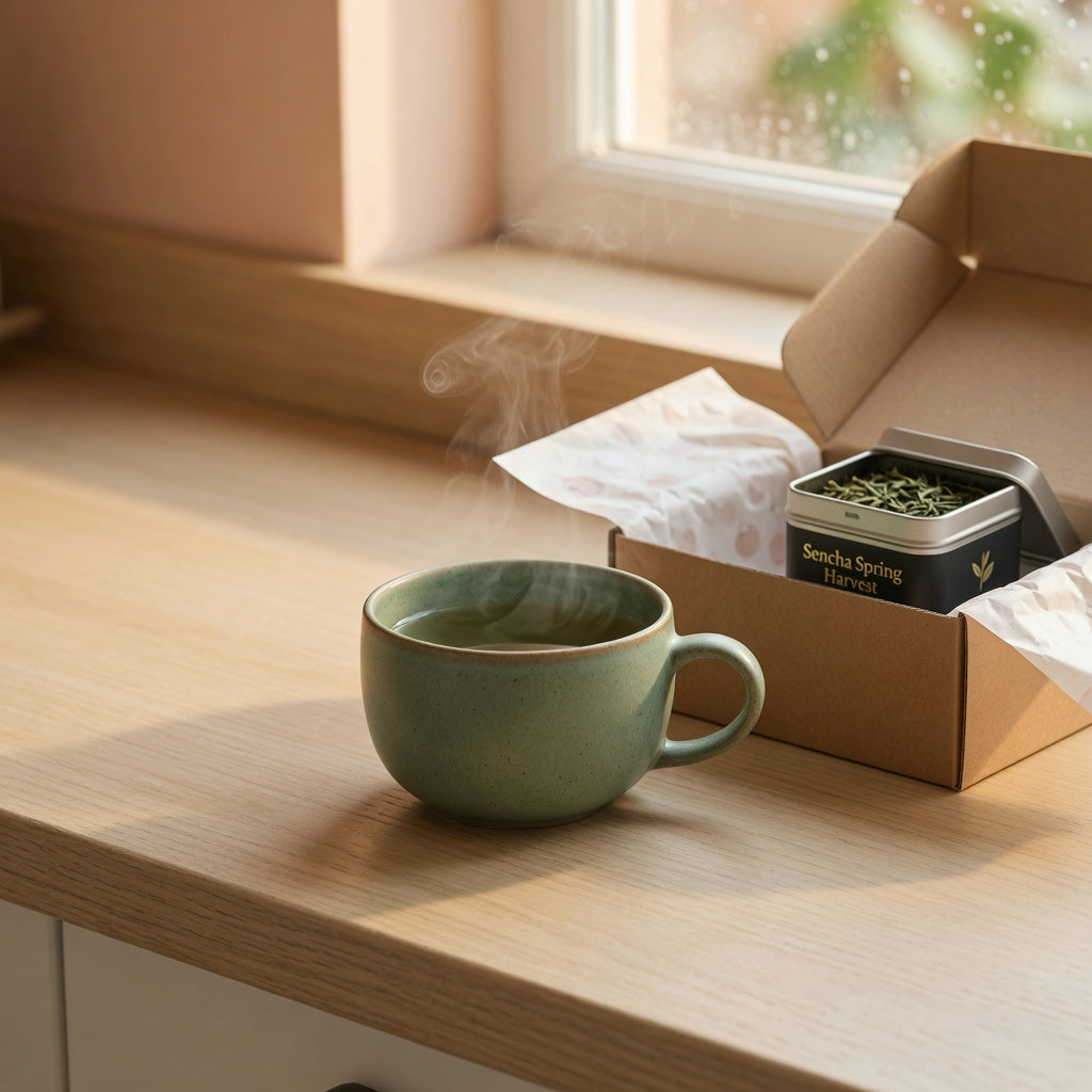 Round ceramic tea cup gift in a matte glaze beside an open kraft gift box and a tin of loose-leaf green tea on a light oak table