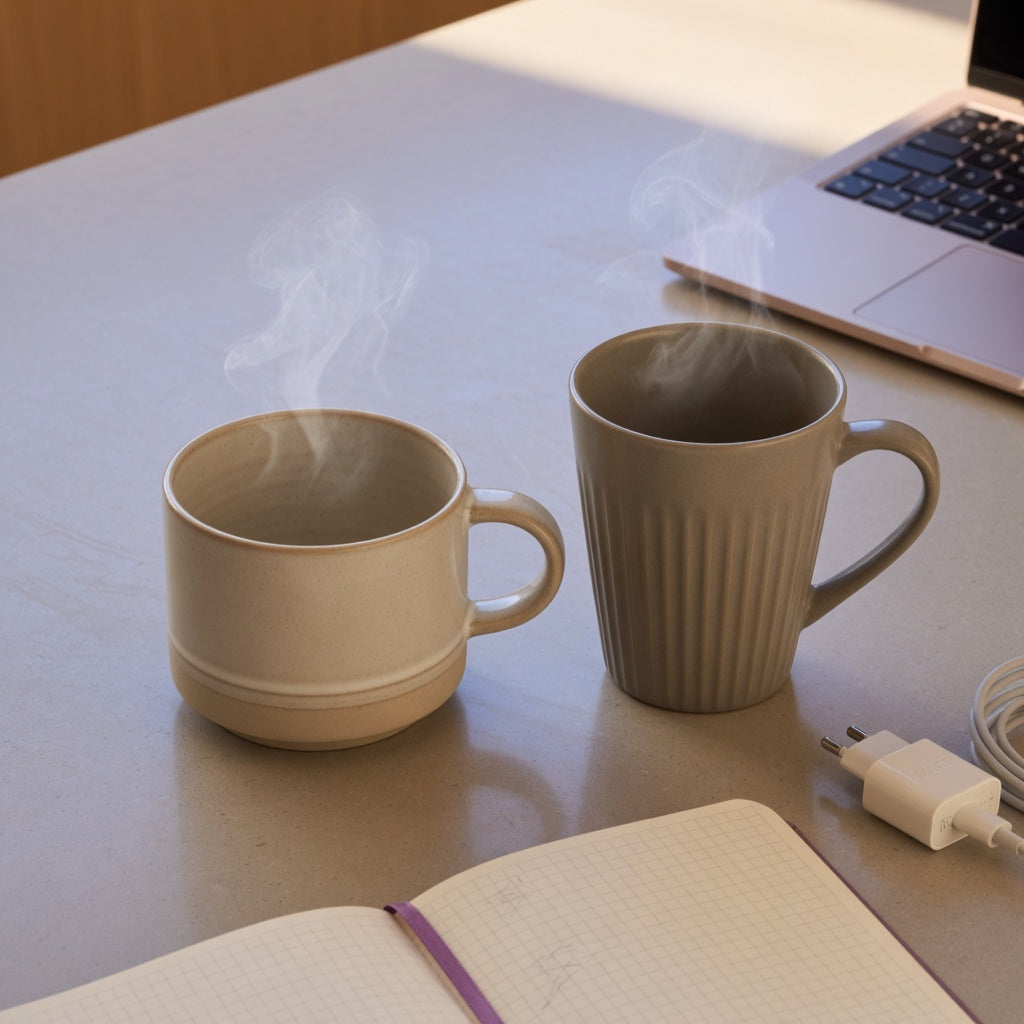 Round coffee mug comparison on a kitchen counter: wider round base beside a tall tapered mug with laptop edge and morning light