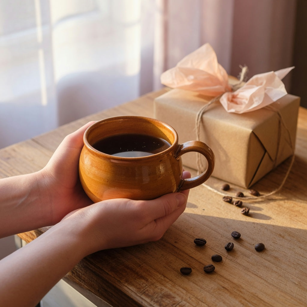 Round coffee mug gift for coffee lovers cradled in two hands on a wooden kitchen counter, wrapped gift box and coffee beans beside it