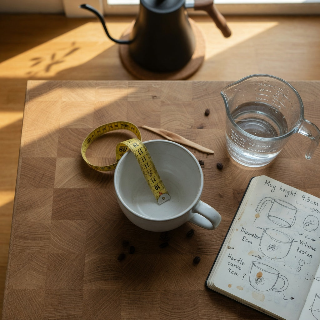 Tape measure stretched across the rim of a round ceramic mug beside a glass measuring cup, illustrating the measurements in this round coffee mug size guide.