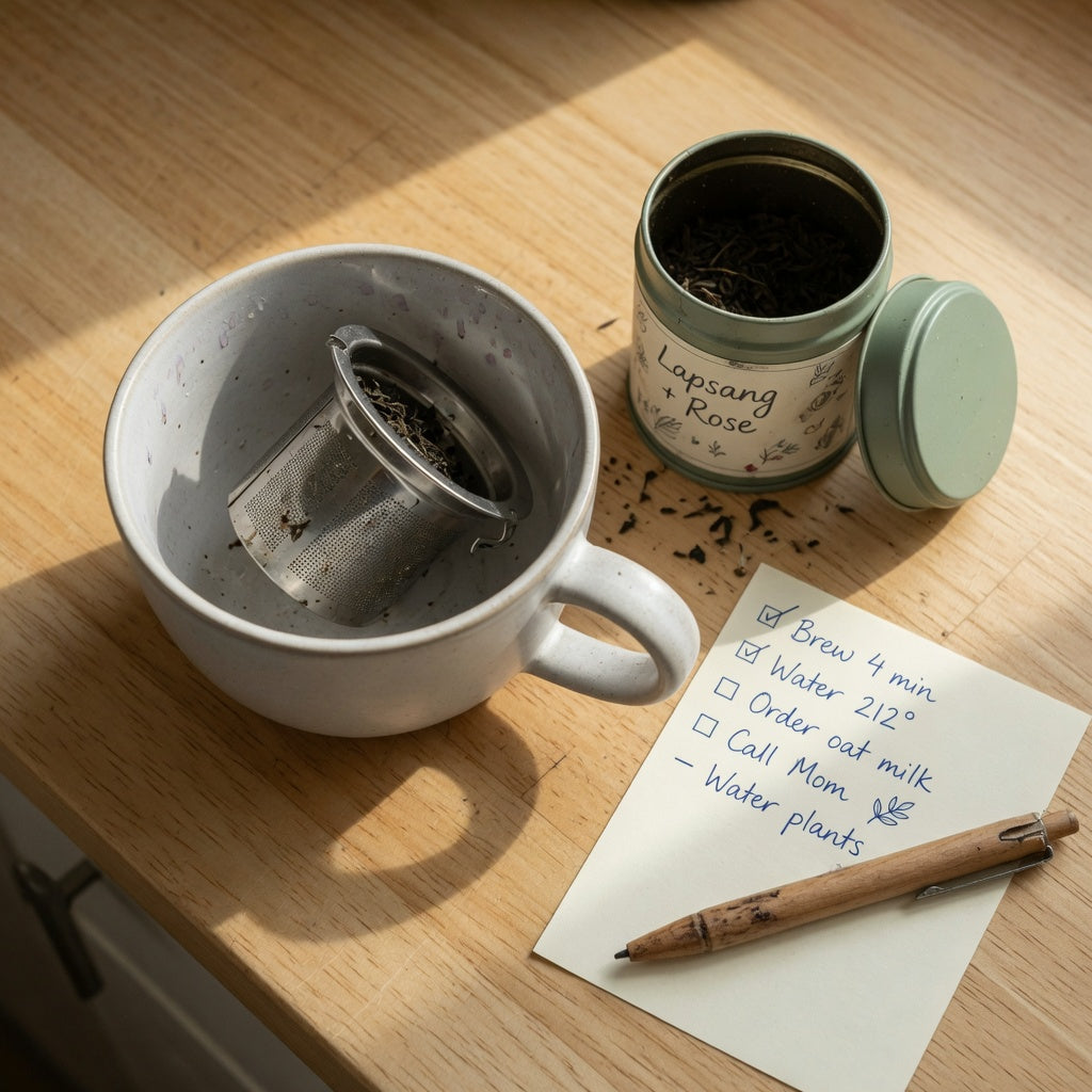 Wide round ceramic mug on a kitchen counter used as a round coffee tea mug buying checklist with an infuser beside it