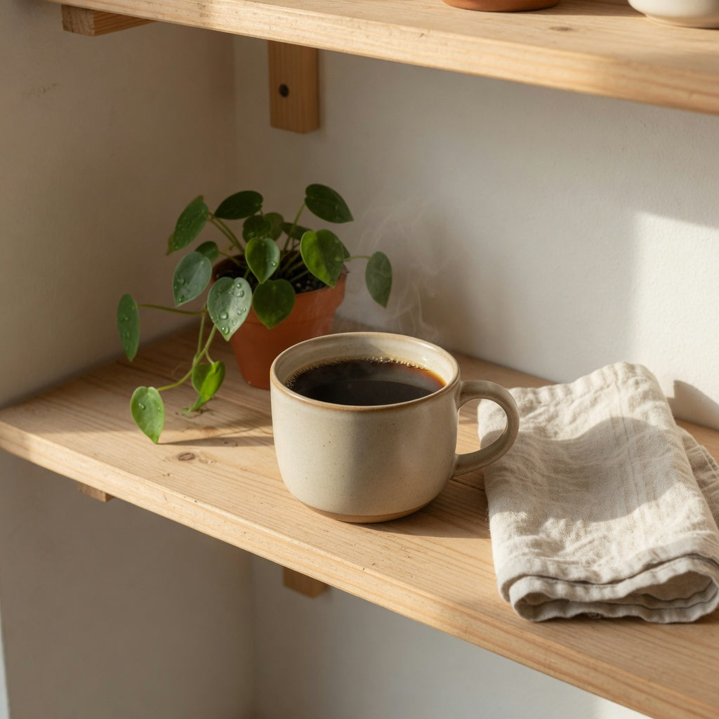 Round coffee tea mug for coffee lovers home decor on an open wood shelf with black coffee