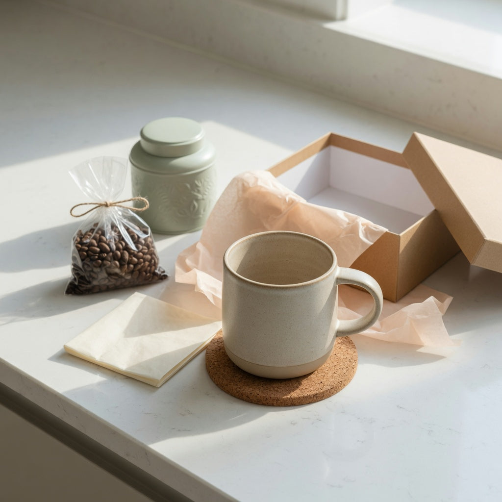 Round coffee tea mug gift ideas with a rounded ceramic mug, coffee beans, tea, and a coaster on a kitchen counter