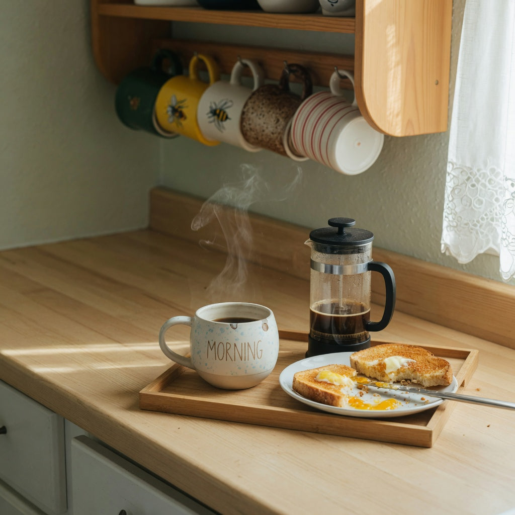 Round mug breakfast bar coffee setup with a round ceramic mug steaming on a wooden counter beside a French press and a breakfast tray