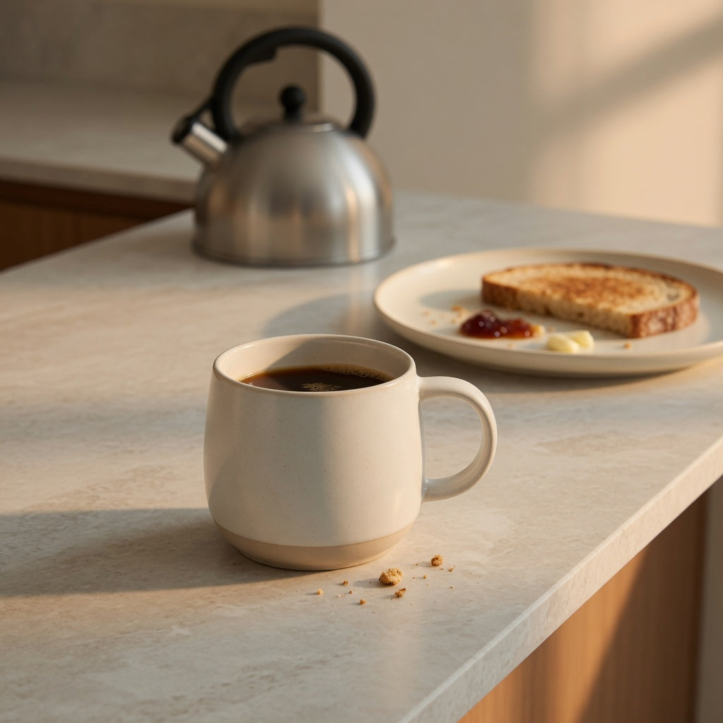 Round mug ceramic coffee breakfast bar scene with a rounded mug beside a kettle and breakfast plate
