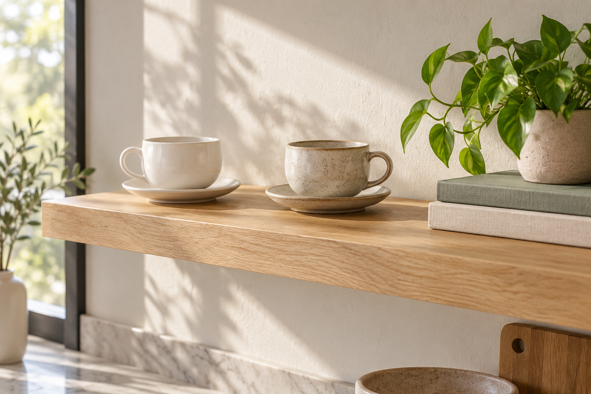 Round tea cup for home decor on a floating kitchen shelf beside a stack of books and a small plant