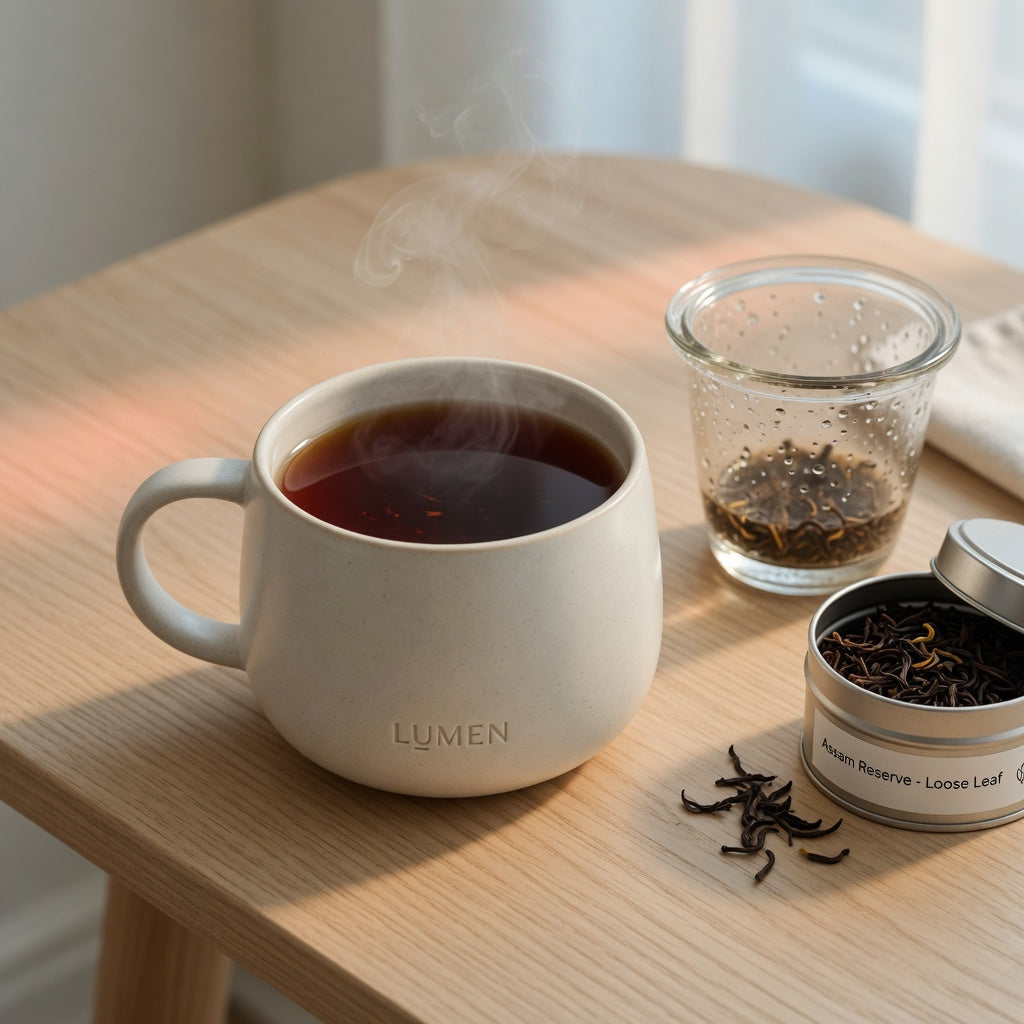 Round tea mug for tea lovers filled with amber black tea beside an infuser basket and open loose-leaf tin