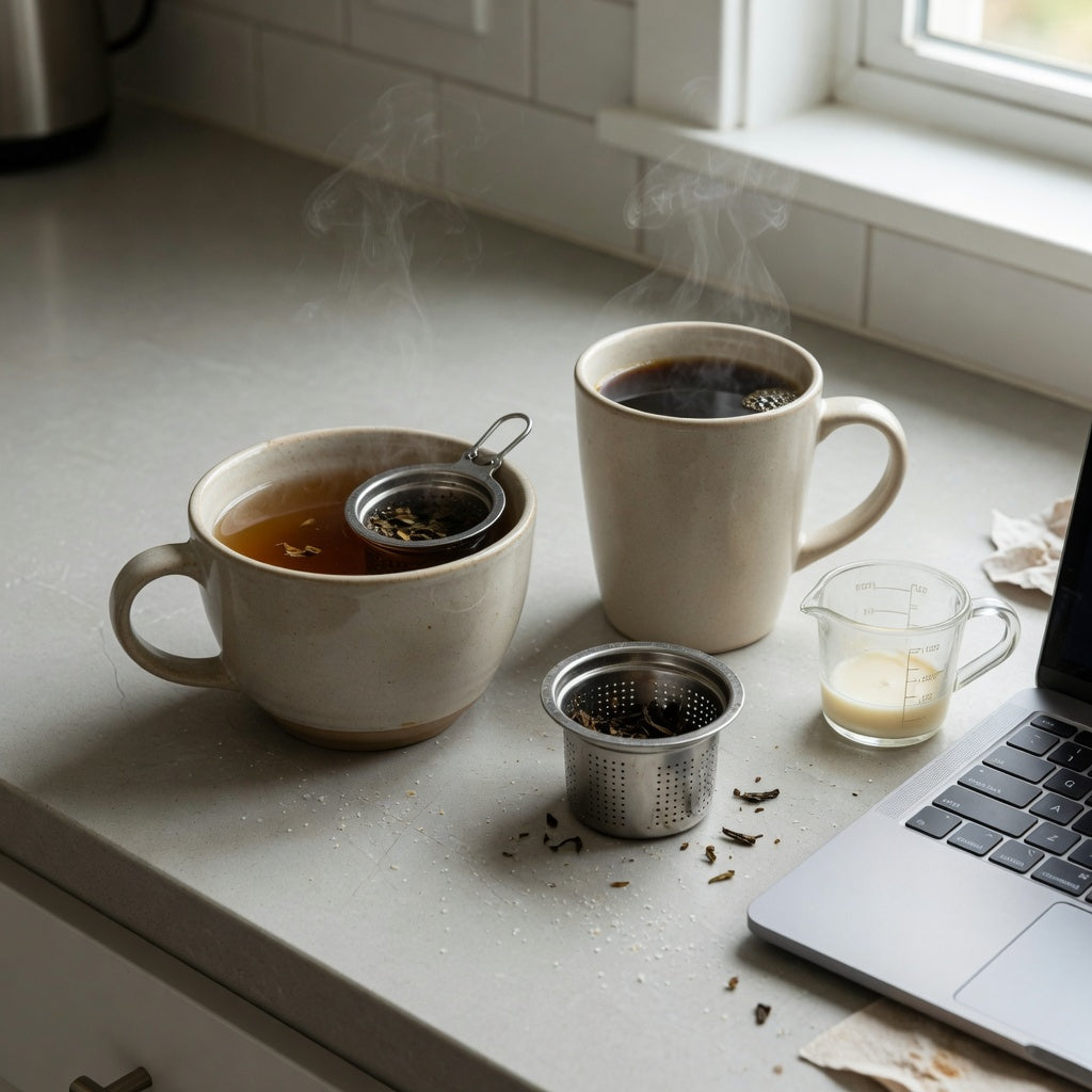 Side-by-side round tea mug vs coffee mug comparison with a wide tea mug and taller coffee mug on a kitchen counter