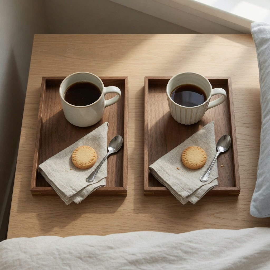Side-by-side round vs pleated ceramic cup for tray setup with a spoon, folded napkin, and biscuit