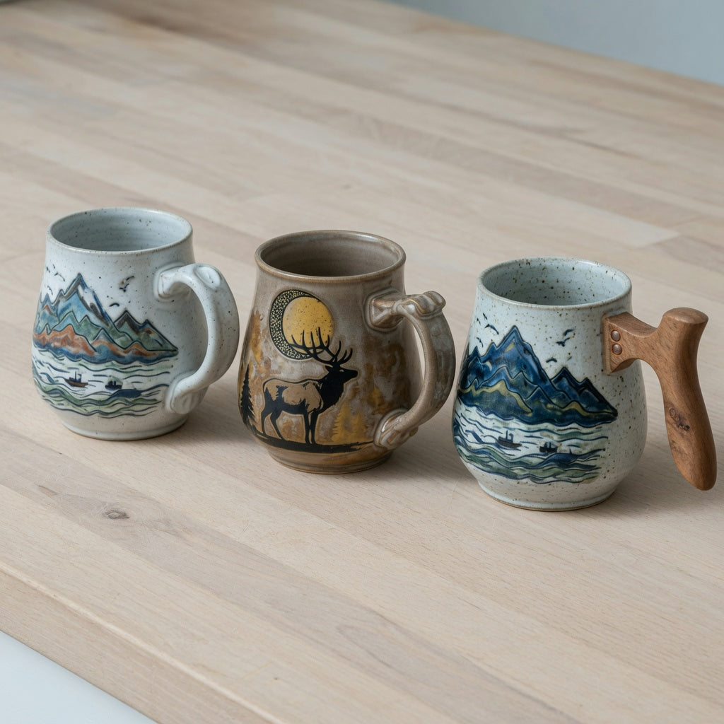 Three mugs arranged for a rustic ceramic coffee mugs current product facts comparison, showing two ceramic handles and one wooden handle