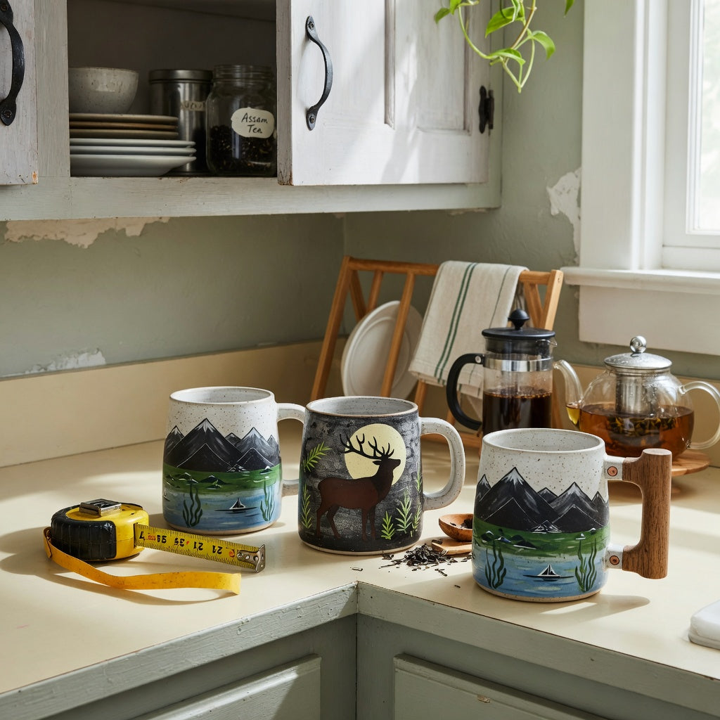 rustic ceramic coffee mugs everyday mug rotation product shortlist guide showing mountain sea, elk and moon, and wooden-handle mugs by an open cupboard