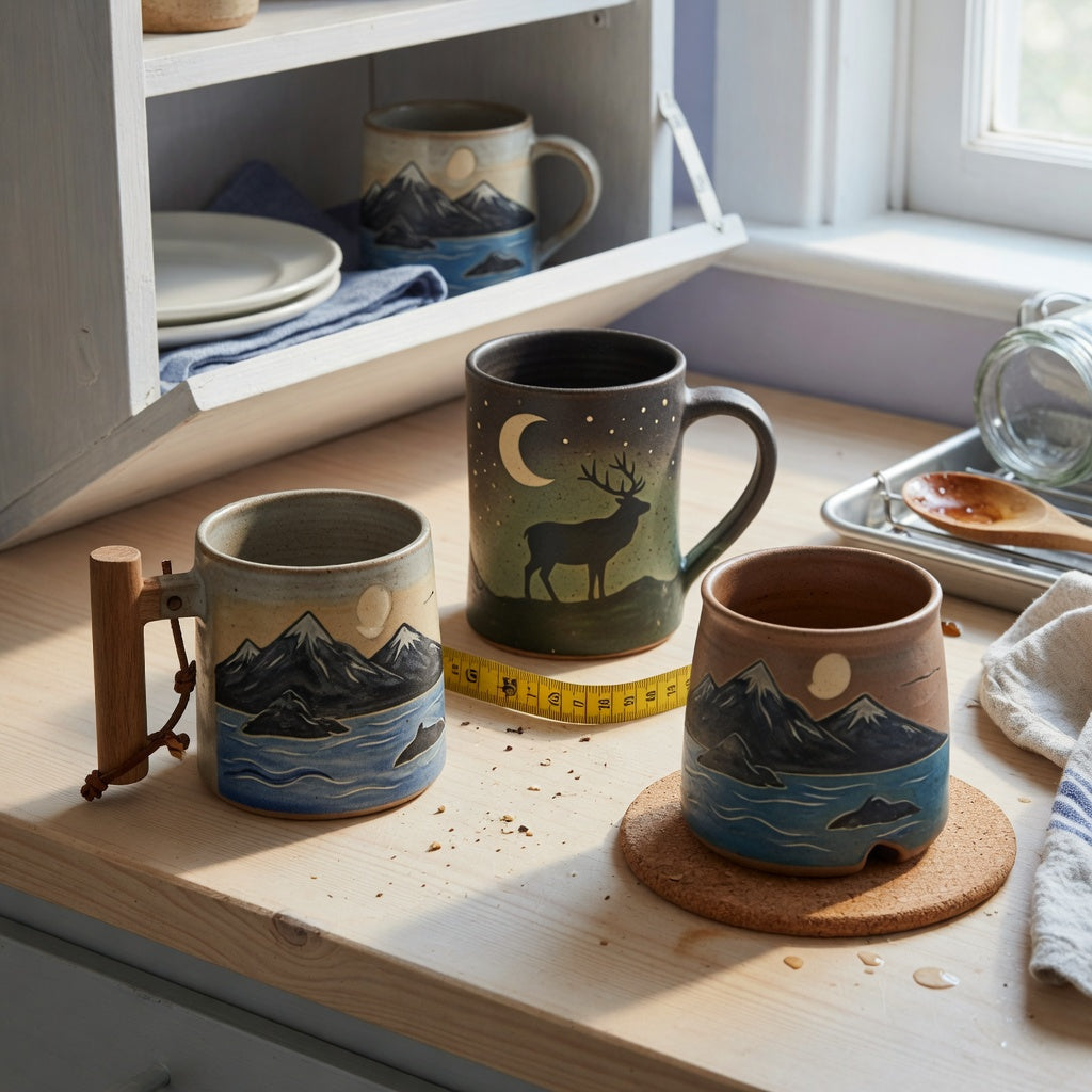 A kitchen shelf illustrates the rustic ceramic coffee mugs everyday mug rotation practical purchase checklist with Mountain Sea, Elk and Moon, and wooden-handle designs