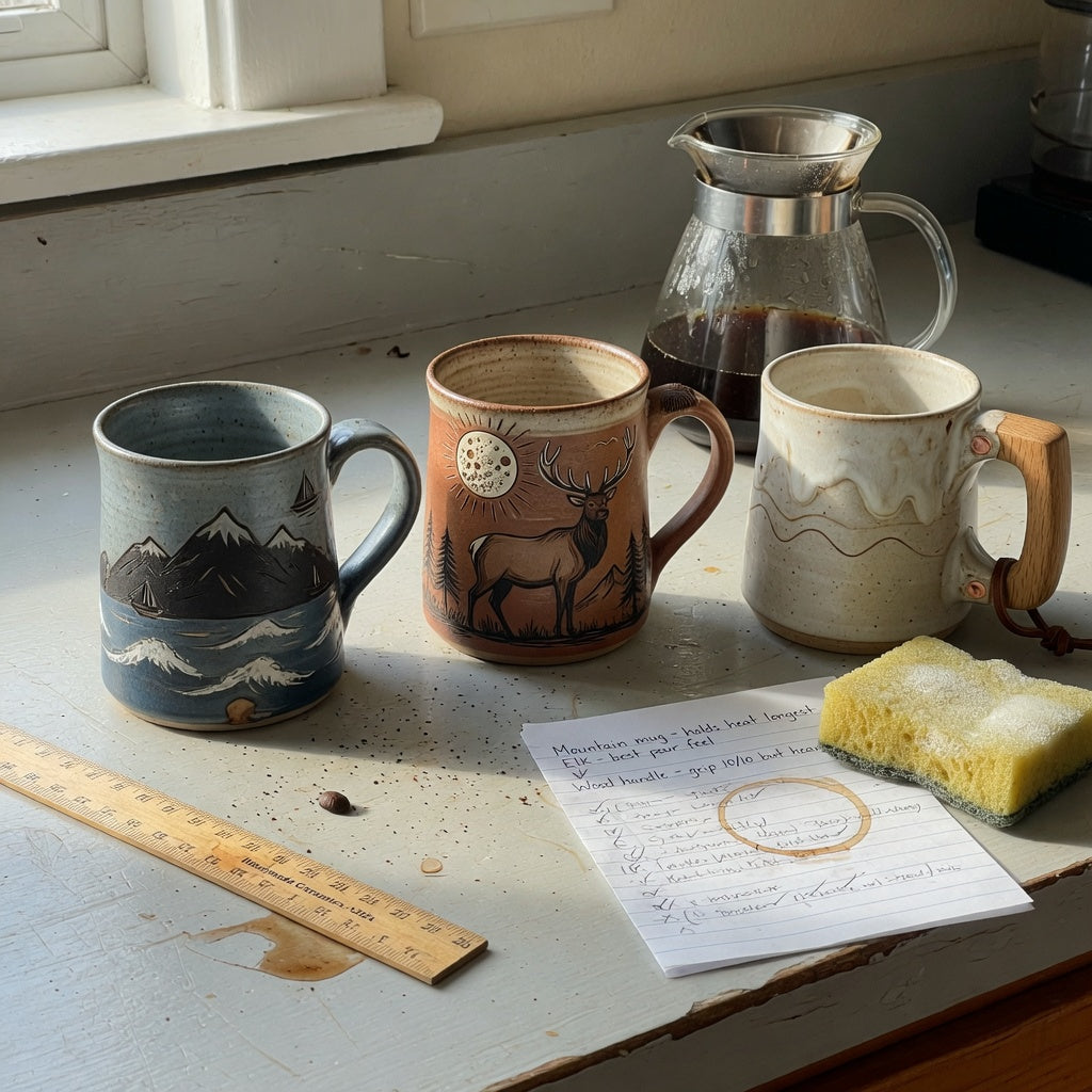 Three rustic mugs, a ruler, and a care sponge for the rustic ceramic coffee mugs first time buyer practical purchase checklist