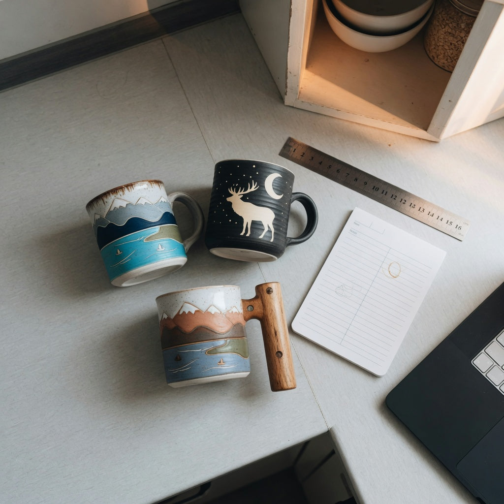 rustic ceramic coffee mugs first time buyer product shortlist guide showing Mountain Sea, Elk and Moon, and wooden-handle options