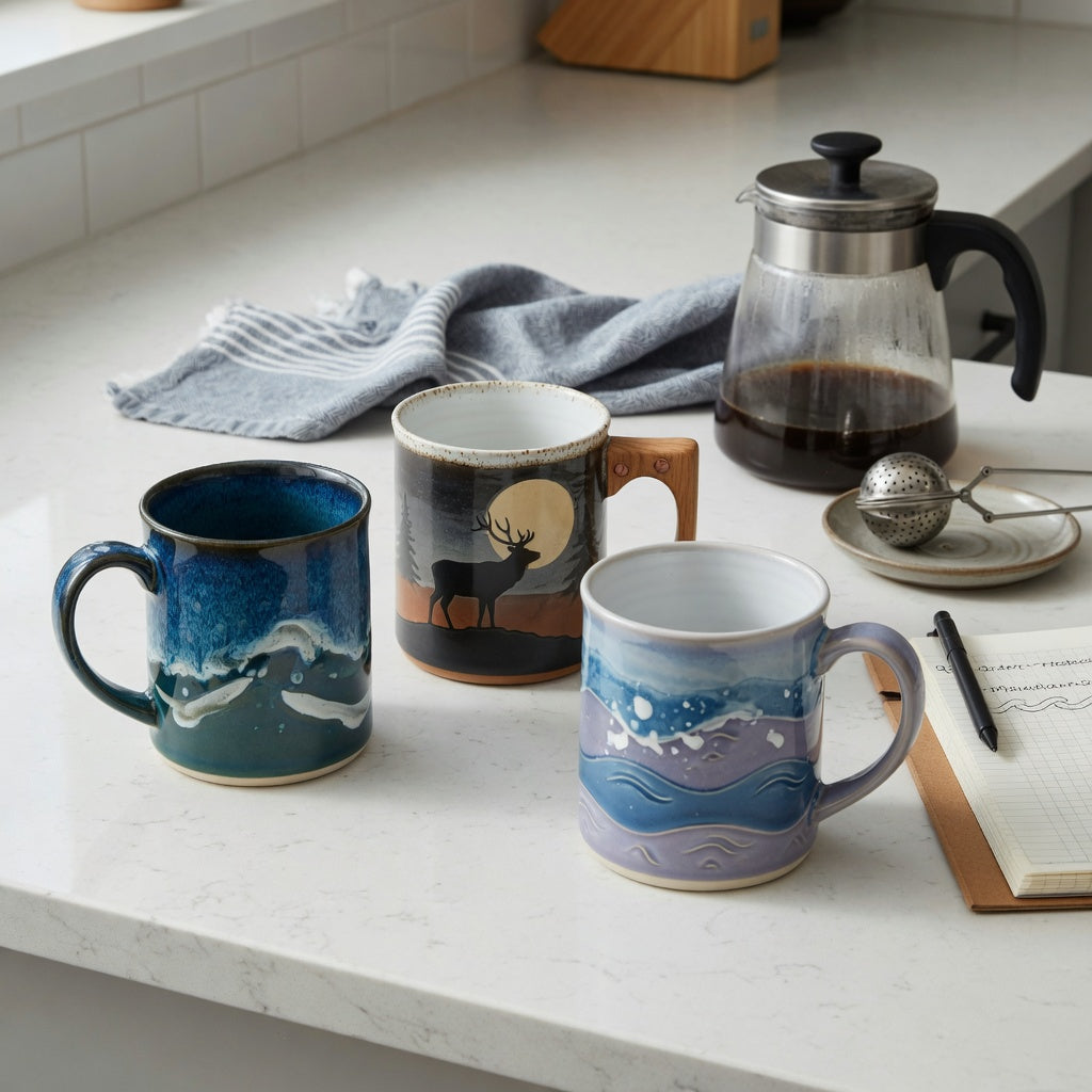 rustic ceramic coffee mugs gift choice practical purchase checklist comparing mountain, elk-and-moon, and wooden-handle designs
