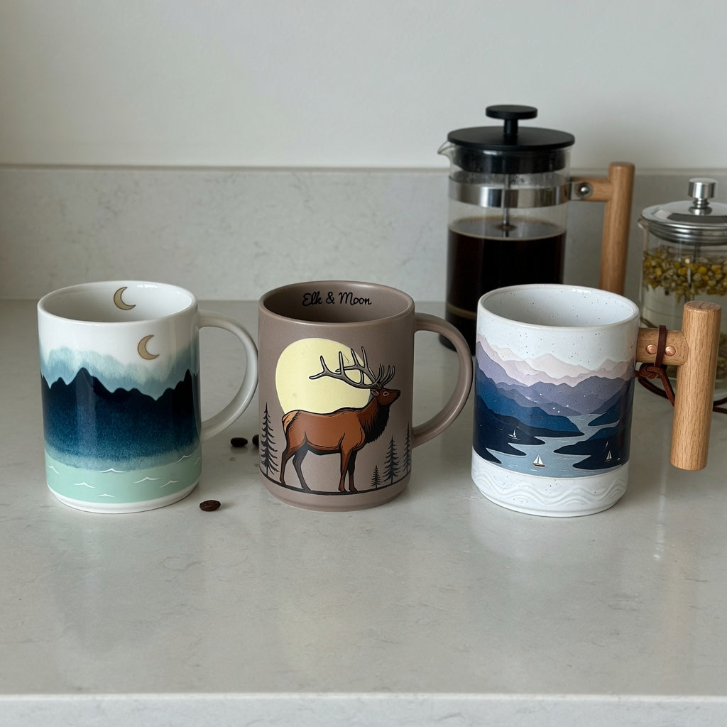 Comparison for the rustic ceramic coffee mugs gift choice product shortlist guide showing Mountain Sea, Elk and Moon, and Mountain Sea II mugs