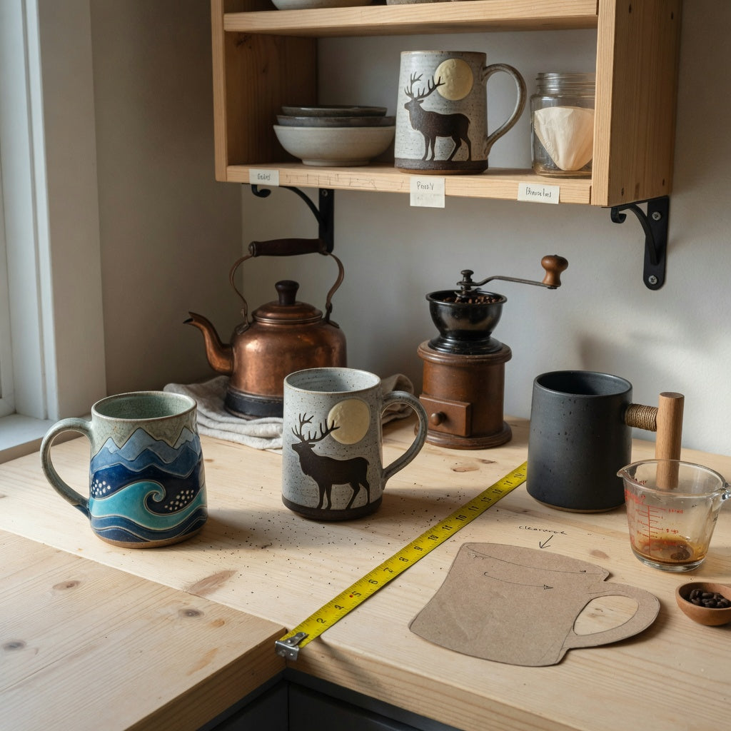 rustic ceramic coffee mugs home coffee station practical purchase checklist with landscape, elk-and-moon, and wooden-handle mugs beside measuring tools