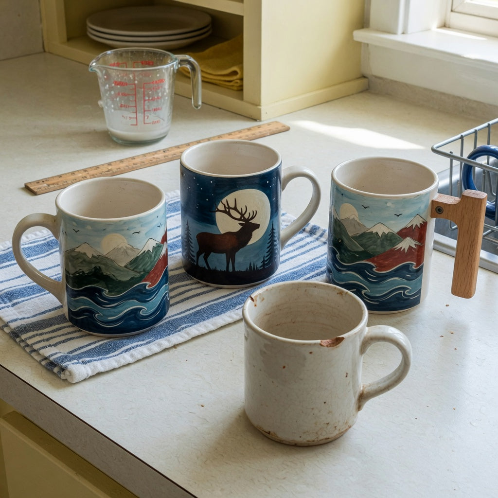 Rustic ceramic coffee mugs replacement purchase practical purchase checklist showing a chipped mug beside mountain, elk-and-moon, and wooden-handle options