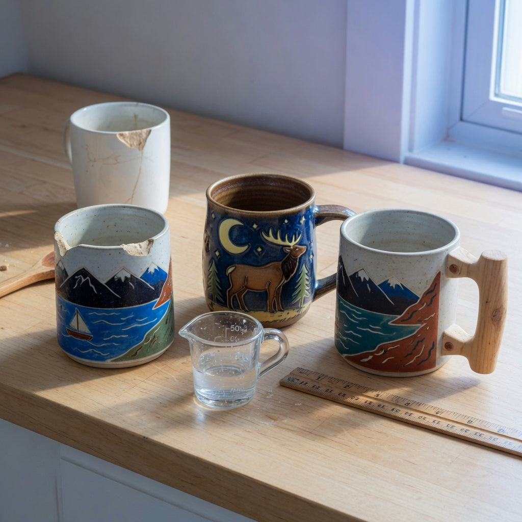 rustic ceramic coffee mugs replacement purchase product shortlist guide showing mountain, sea, elk, moon, and wooden-handle options