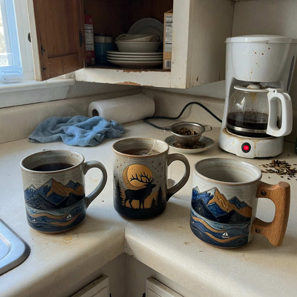 Rustic ceramic coffee mugs shared household product shortlist guide showing Mountain Sea, Elk and Moon, and wooden-handle options on a shared kitchen counter