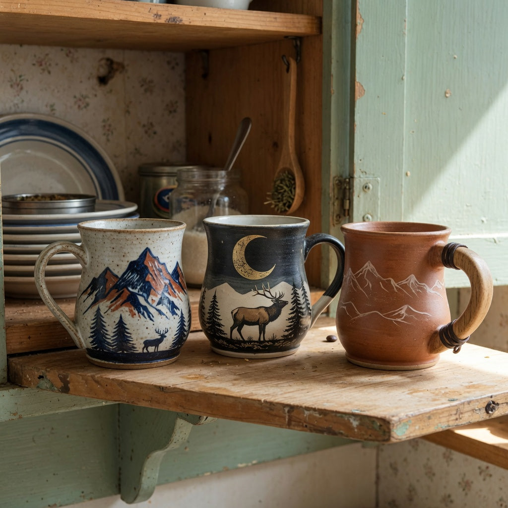 Rustic ceramic coffee mugs storage fit guide showing three handle shapes arranged for cabinet and shelf comparison
