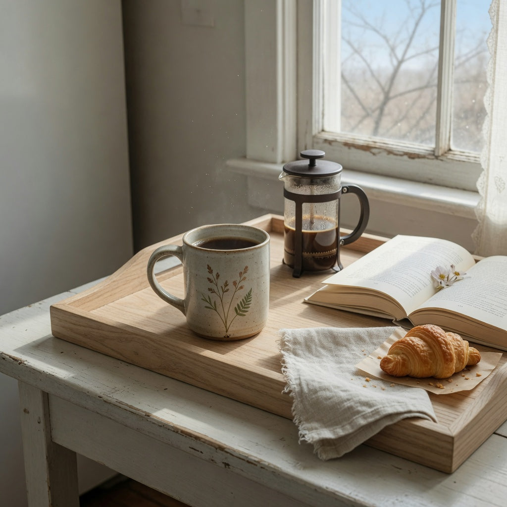 Rustic ceramic coffee mugs weekend coffee practical purchase checklist scene with a nature-themed mug, French press, open book, and breakfast tray