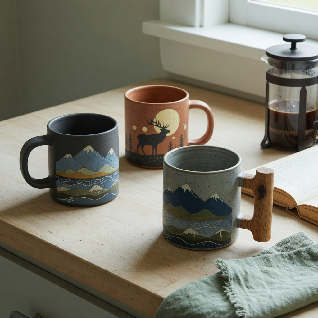 Featured image for the rustic ceramic coffee mugs weekend coffee product shortlist guide, showing three designs beside a French press