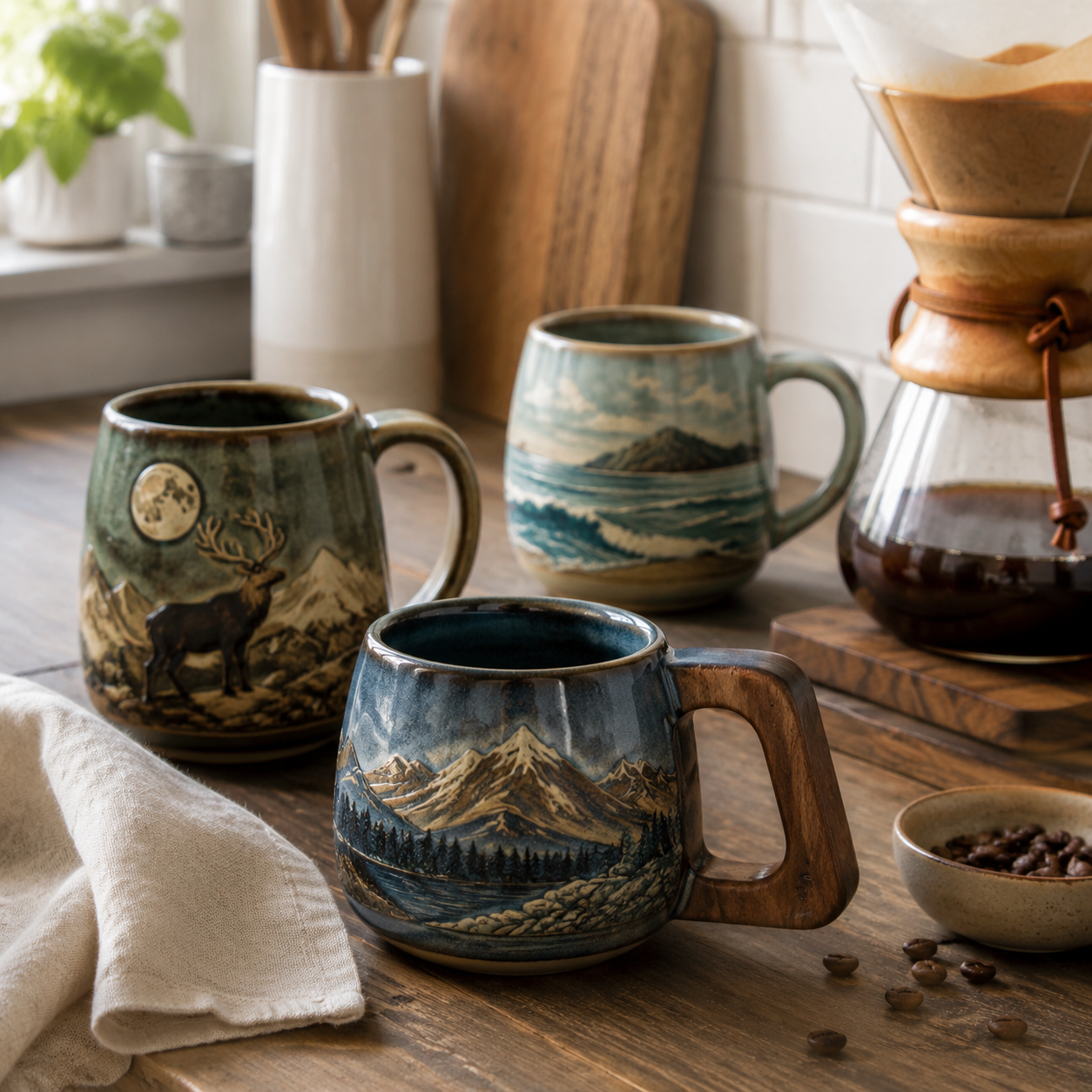 Rustic ceramic coffee mugs with mountain, sea, elk, moon, and wooden-handle designs on a kitchen coffee station