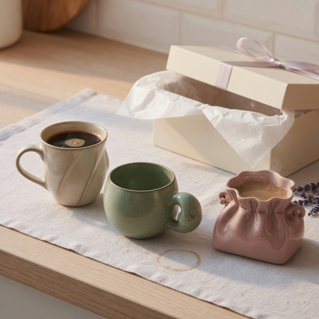 A sculptural coffee mug gift with raised curves beside a rounded-handle cup and a purse-shaped mug on a kitchen counter