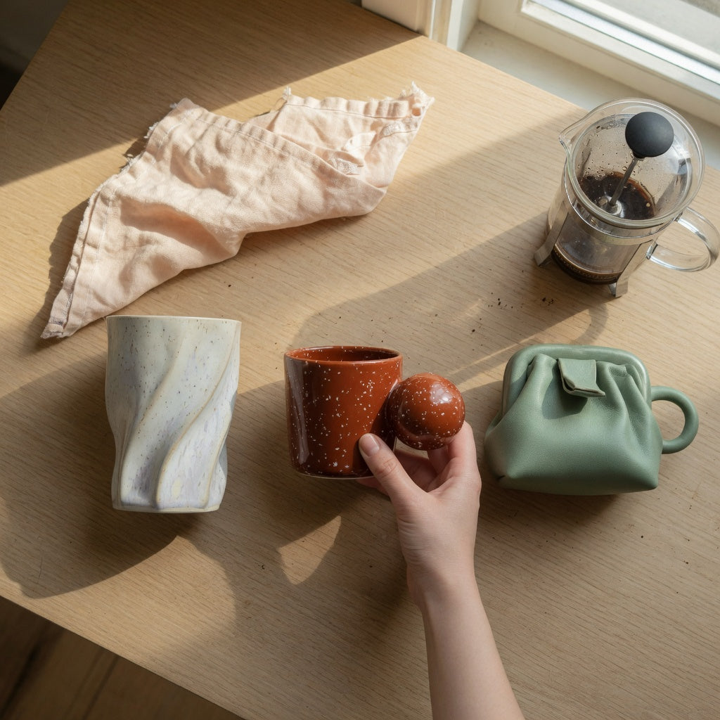 Sculptural coffee mug comparison showing three sculpted ceramic mugs with different silhouettes and capacities on a kitchen table, one held in hand for scale
