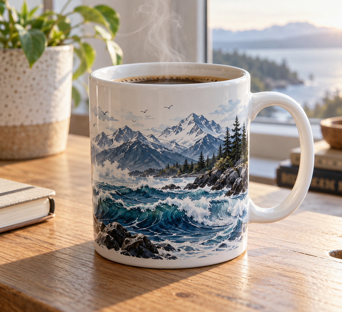 Sea and mountain coffee mug for coffee lovers with scenic ocean and mountain landscape print on high-quality ceramic