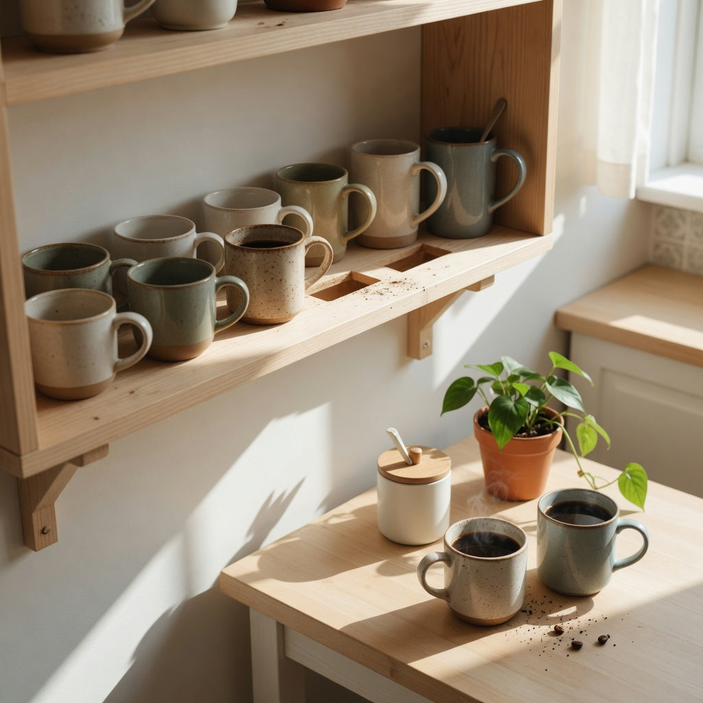 Shelf to table mug styling ideas with lower and taller mugs on an open kitchen shelf and two cups set on the table
