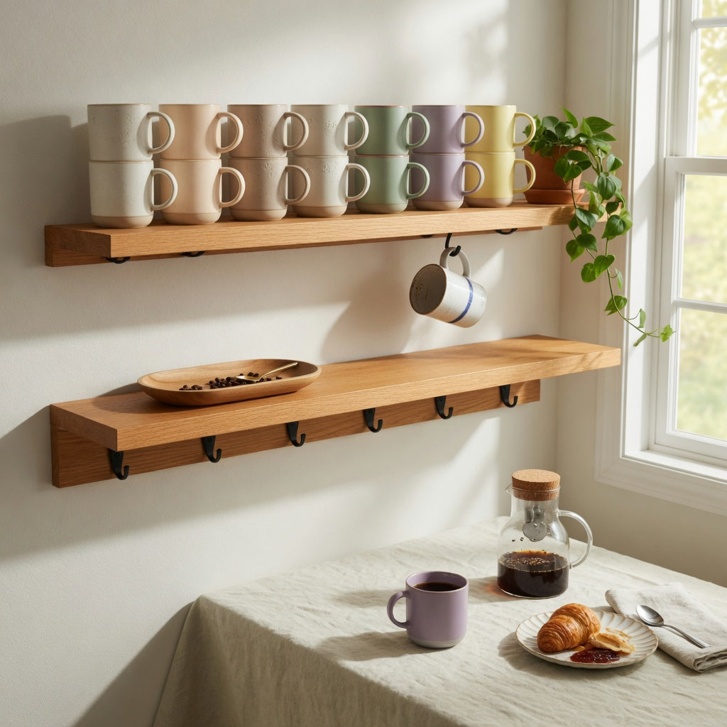 Shelf to table mug styling with ceramic coffee mugs grouped by height on open kitchen shelves and one mug set at a linen breakfast table