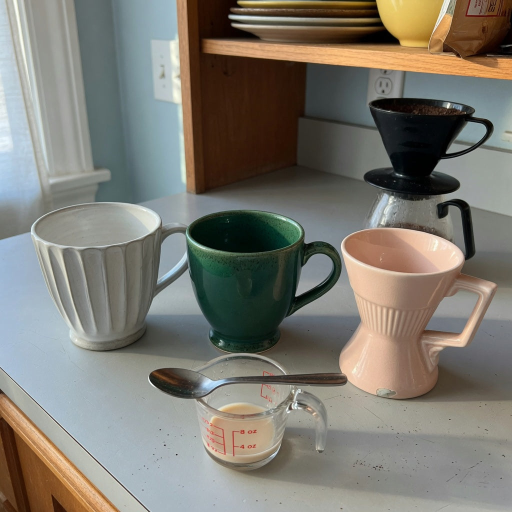 small ceramic coffee cup first time buyer product shortlist guide with pleated, emerald, and retro cups on a kitchen counter