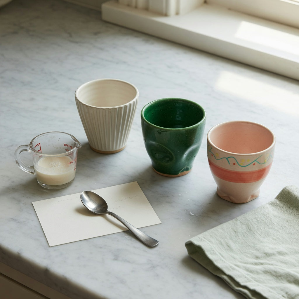 Three options in a small ceramic coffee cup gift choice product shortlist guide on a kitchen counter