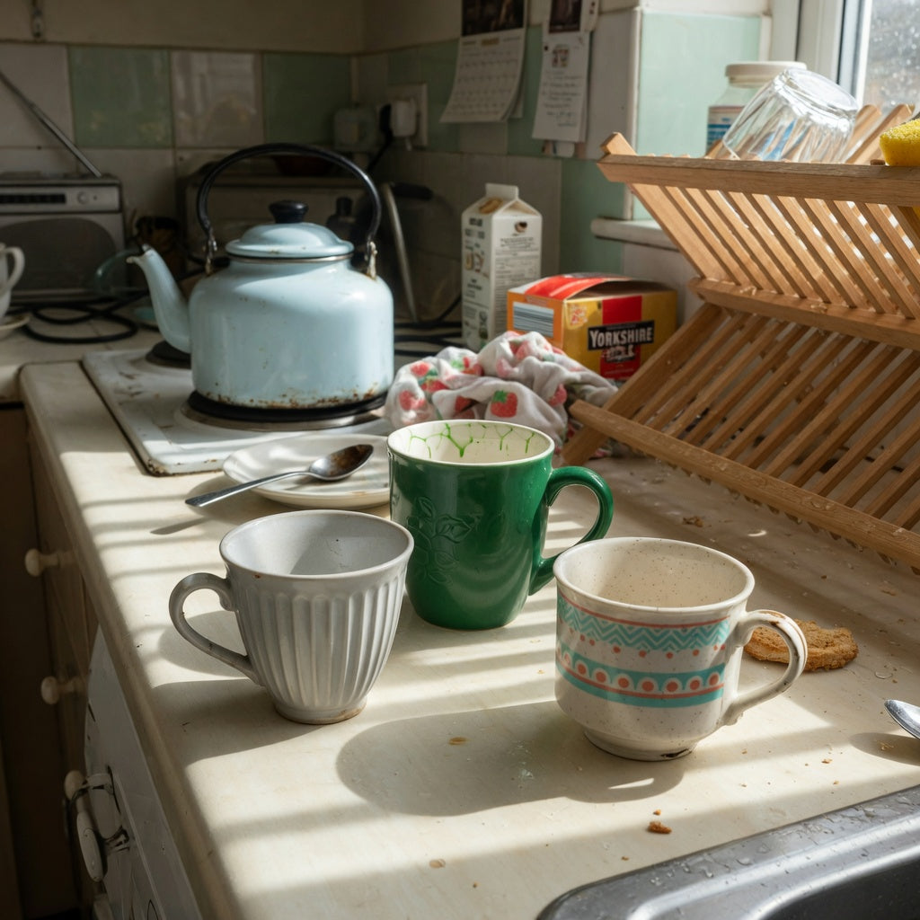small ceramic coffee cup shared household practical purchase checklist with distinct cups on a shared kitchen counter