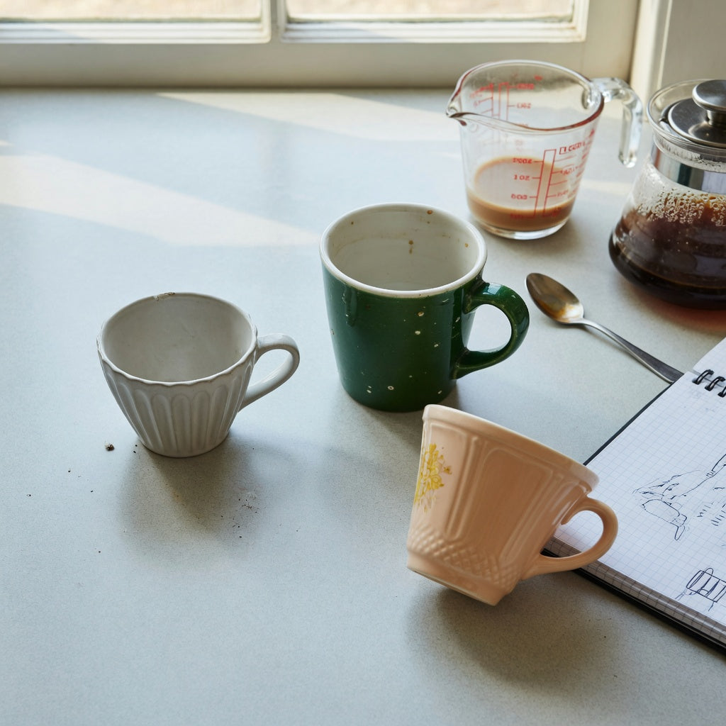 Small ceramic coffee cup size decision guide showing compact and larger ceramic cups beside a measured coffee pour