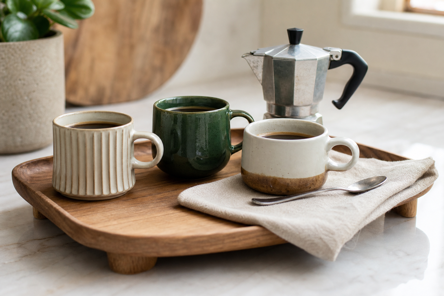 Small ceramic coffee cup styles arranged on a compact breakfast tray
