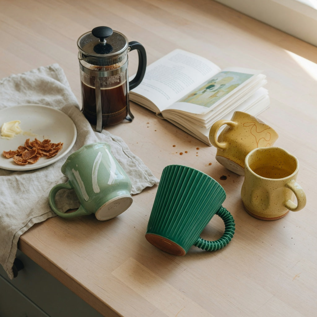 small ceramic coffee cup weekend coffee practical purchase checklist scene with pleated, emerald, and retro CoffeifyMug cups beside a French press on a Saturday kitchen counter
