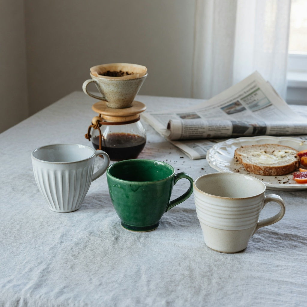 small ceramic coffee cup weekend coffee product shortlist guide showing pleated, emerald, and retro cups on a Saturday breakfast table