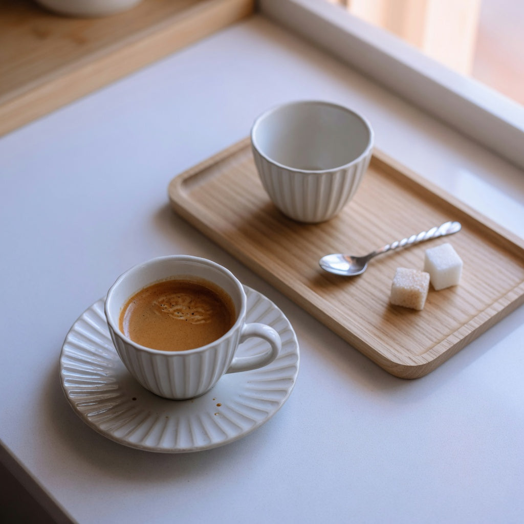 Small ceramic coffee cup with tray set on a kitchen counter, espresso with crema on a matching saucer beside a light wooden serving board