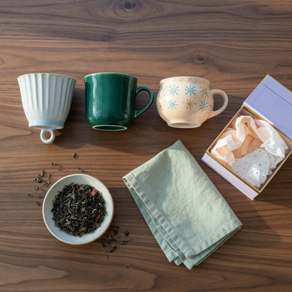 Three small ceramic coffee mugs for gifts — a pleated cup, an emerald mug, and a retro-style cup — lined up beside a wrapped gift box on a kitchen counter