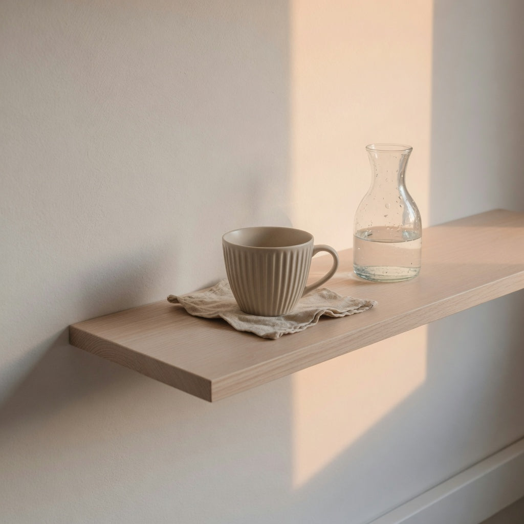A small ceramic cup guest shelf setup with a pleated cup, glass carafe, and linen coaster on a narrow ledge
