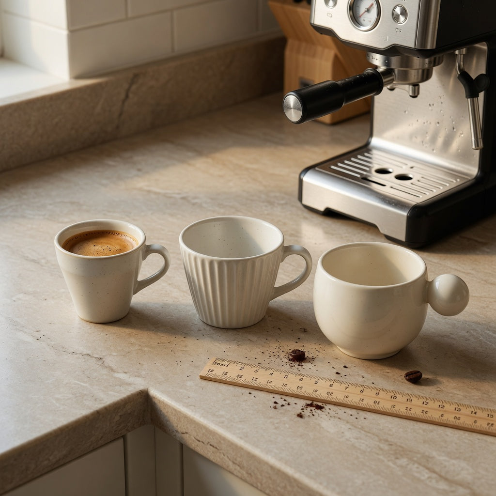 Small ceramic espresso mugs in 170, 200, and 250 ml sizes beside a home espresso machine