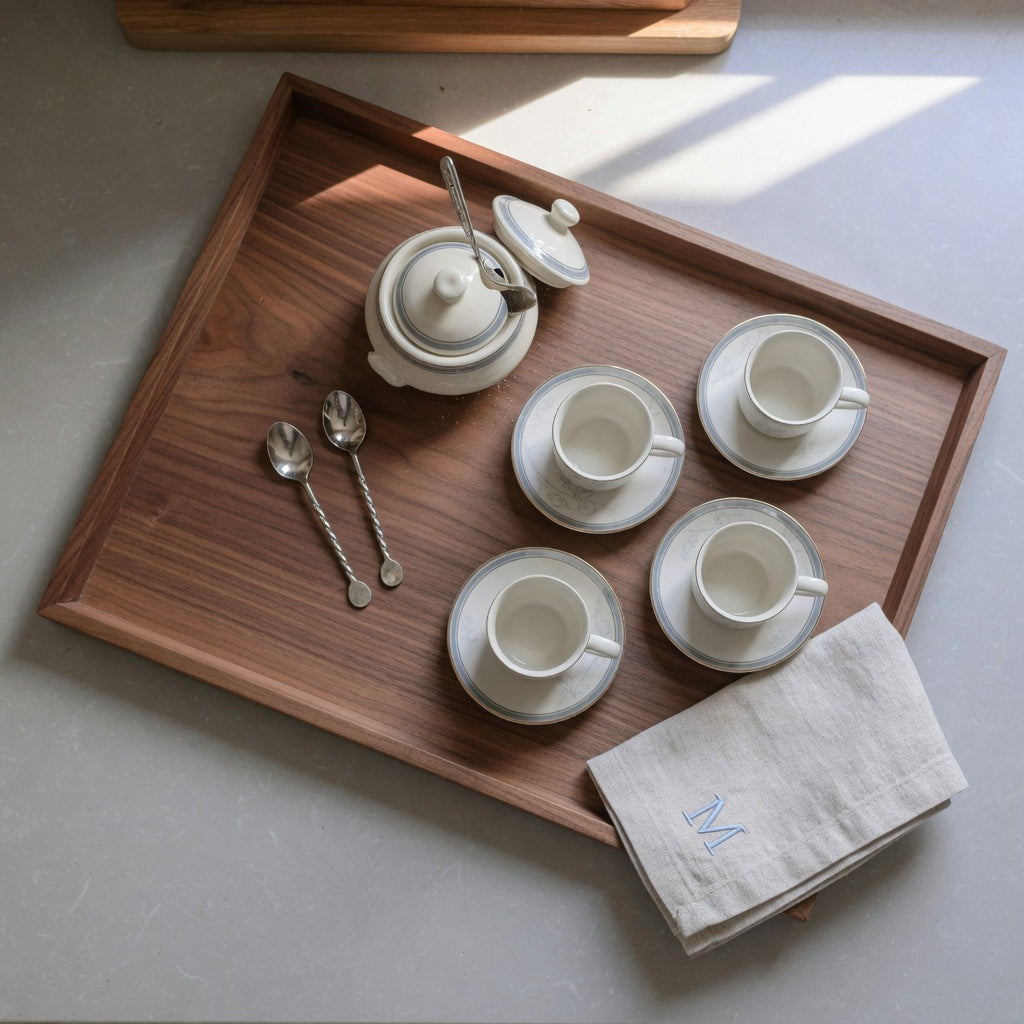 Four small coffee cups for guest tray service arranged on a wooden tray with saucers, a sugar bowl, and a linen napkin
