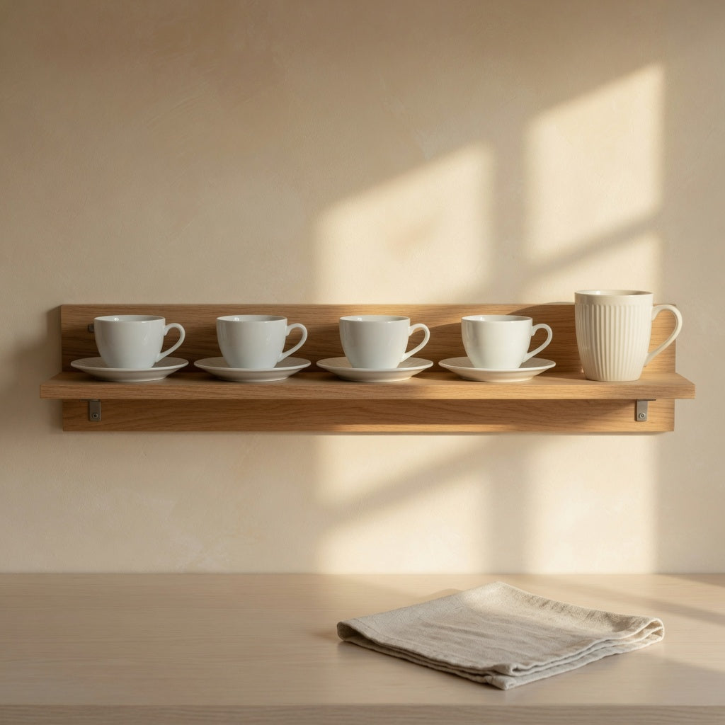 Five teacups with saucers and one tall mug spaced evenly on a small cup shelf for tea cups above a kitchen counter