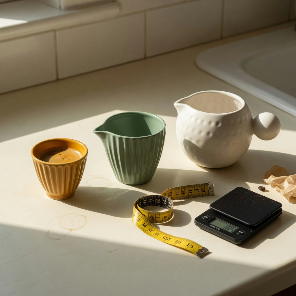 Small espresso cup beside 170 ml, 200 ml, and 250 ml compact cup options on a kitchen counter