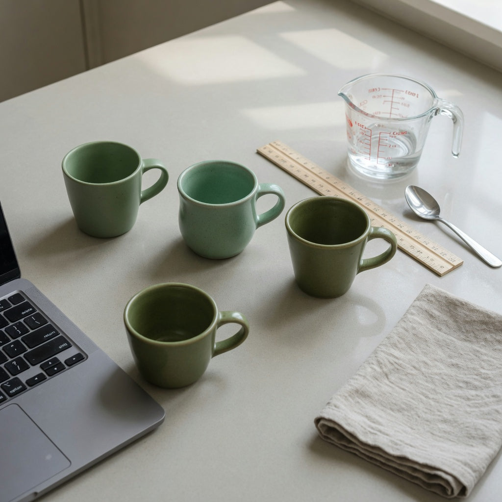 Small green coffee mugs in different ceramic shapes compared on a kitchen counter