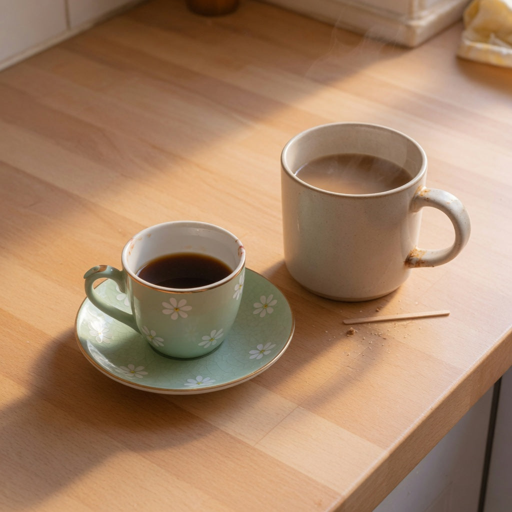 Small retro coffee cup gift on a saucer next to a larger everyday mug on a kitchen counter