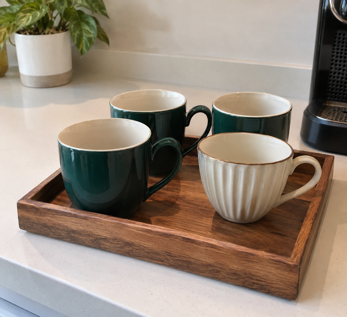Small tray for coffee cups apartment with coffee mugs arranged neatly